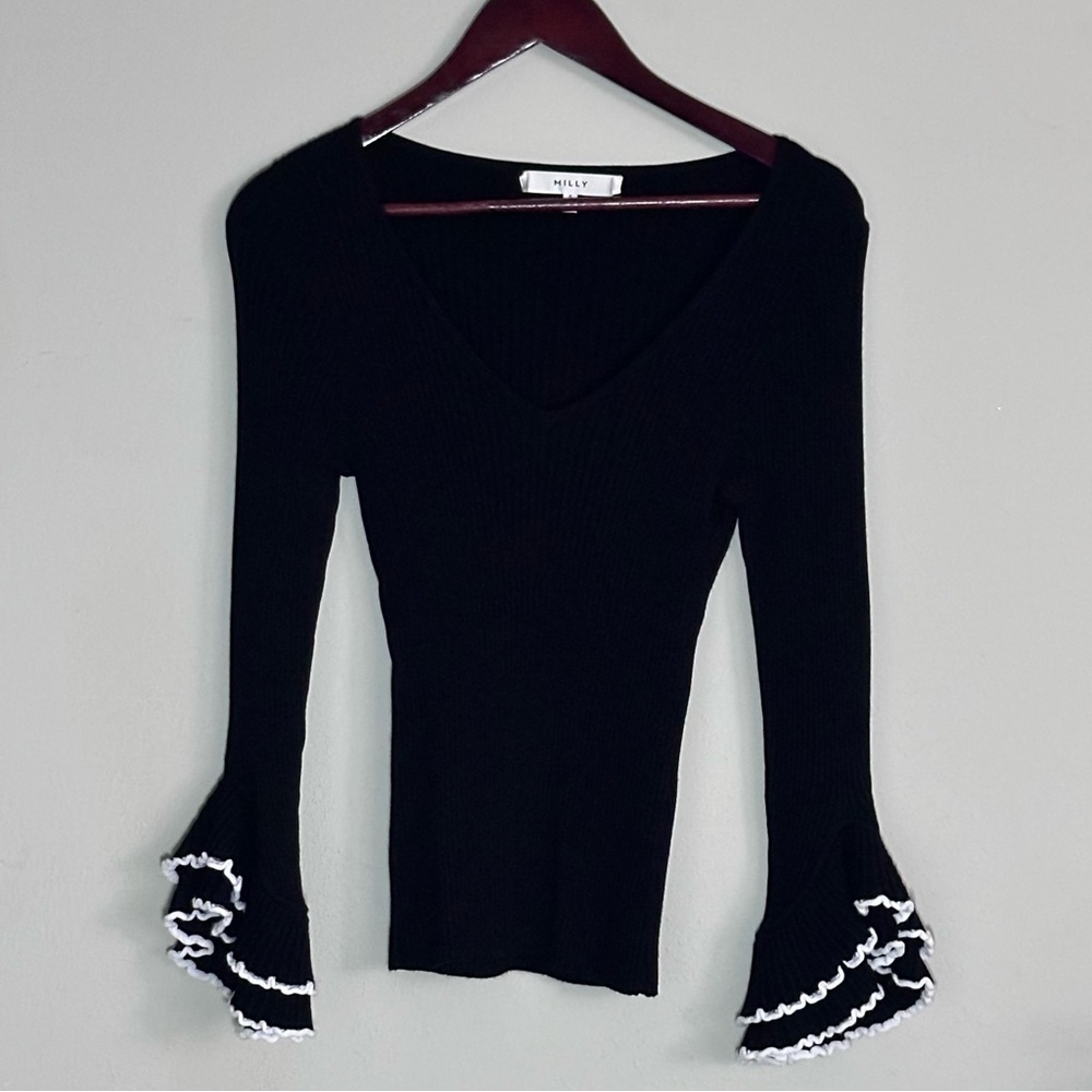 Milly | Ribbed Ruffle Bell Sleeve V-Neck Knit Top | Small - Picture 2 of 12
